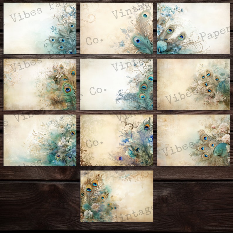 Peacock Feathers Vintage Style Junk Journal Papers, Digital Paper Pack ...
