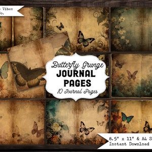 Junk journal pages Vintage Butterfly, grunge mixed media textured vintage papers for Journaling, junk journal paper kit, botanical vintage