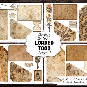 Junk journal loaded tags kit, Neutral Grunge baroque junk journal filled tag kit, pocket tags with ephemera & journal card insert, printable