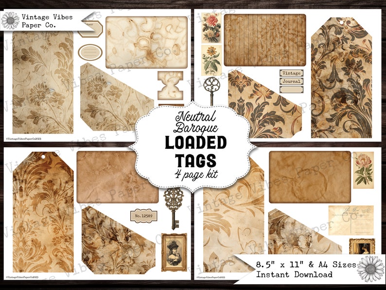 Loaded Tag Insert Junk Journal Loaded Tags Kit, Neutral Grunge Baroque Junk Journal ...
