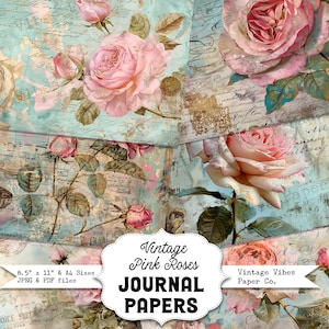 Junk journal paper Vintage Pink Roses florals, Summer Rose grunge flower digital paper pack for scrapbooking and crafts, printable papers