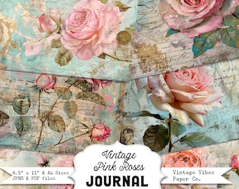 Junk-Journal Papier Vintage Pinke Rosen, Sommer Rose Grunge Blume digitales Papier für Scrapbooking und Basteln, bedruckbare Papiere