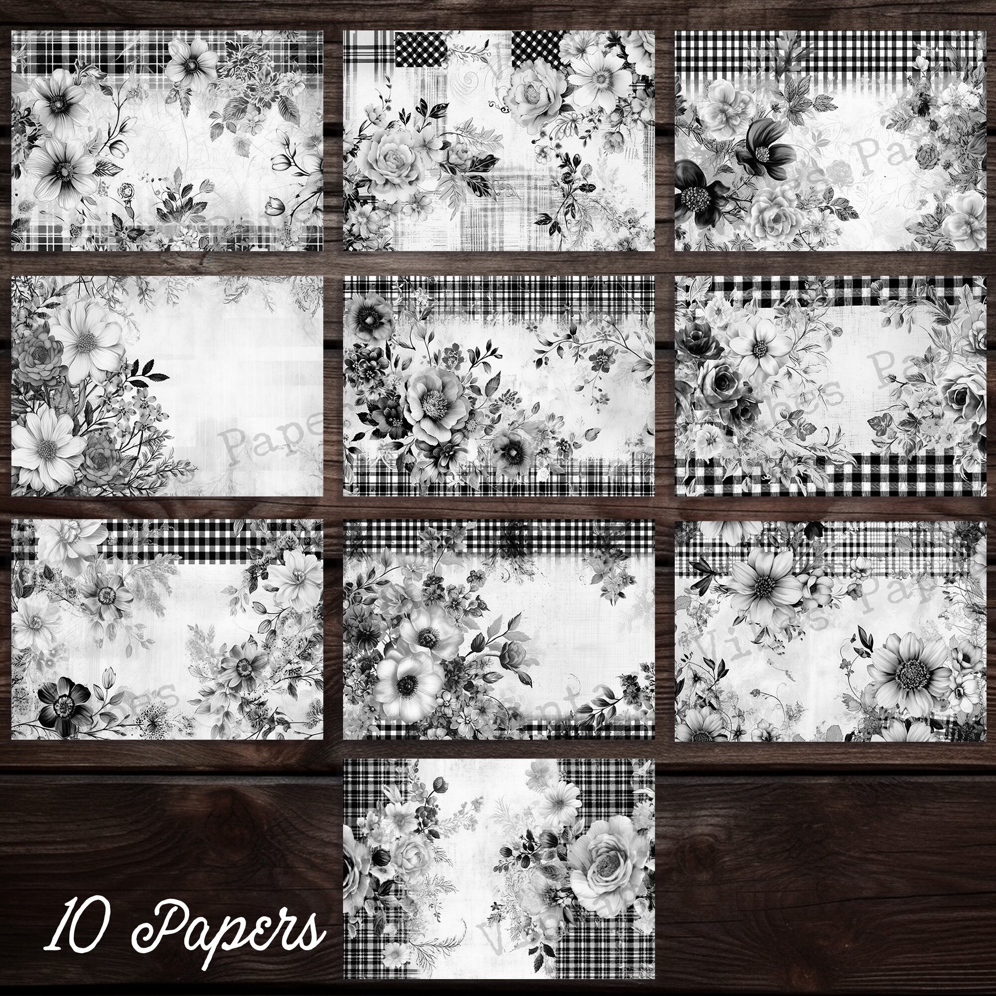 Black & White Grunge Floral Junk Journal Papers, Ink Saver Papers ...