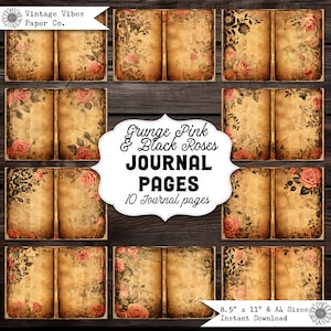 Kit di carta per diario spazzatura Grunge Pink & Black Roses, diario spazzatura stampabile digitale da 10 pagine, carte con texture rosa vintage