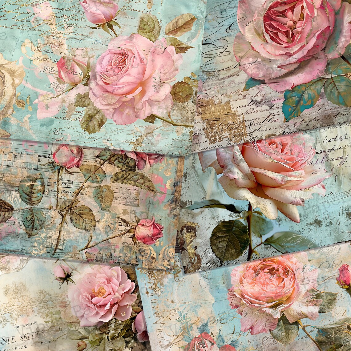 Rustic Roses Paper Junk Journal Paper Vintage Pink Roses Florals, Summer Rose Grunge ...