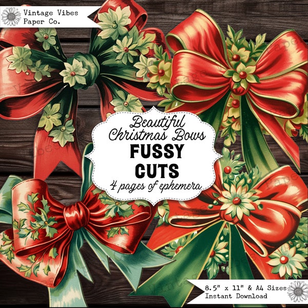 Junk Journal fussy cut ephemera Christmas bows, digital vintage ribbon bows for junk journals, printable bow embellishment for scrapbook