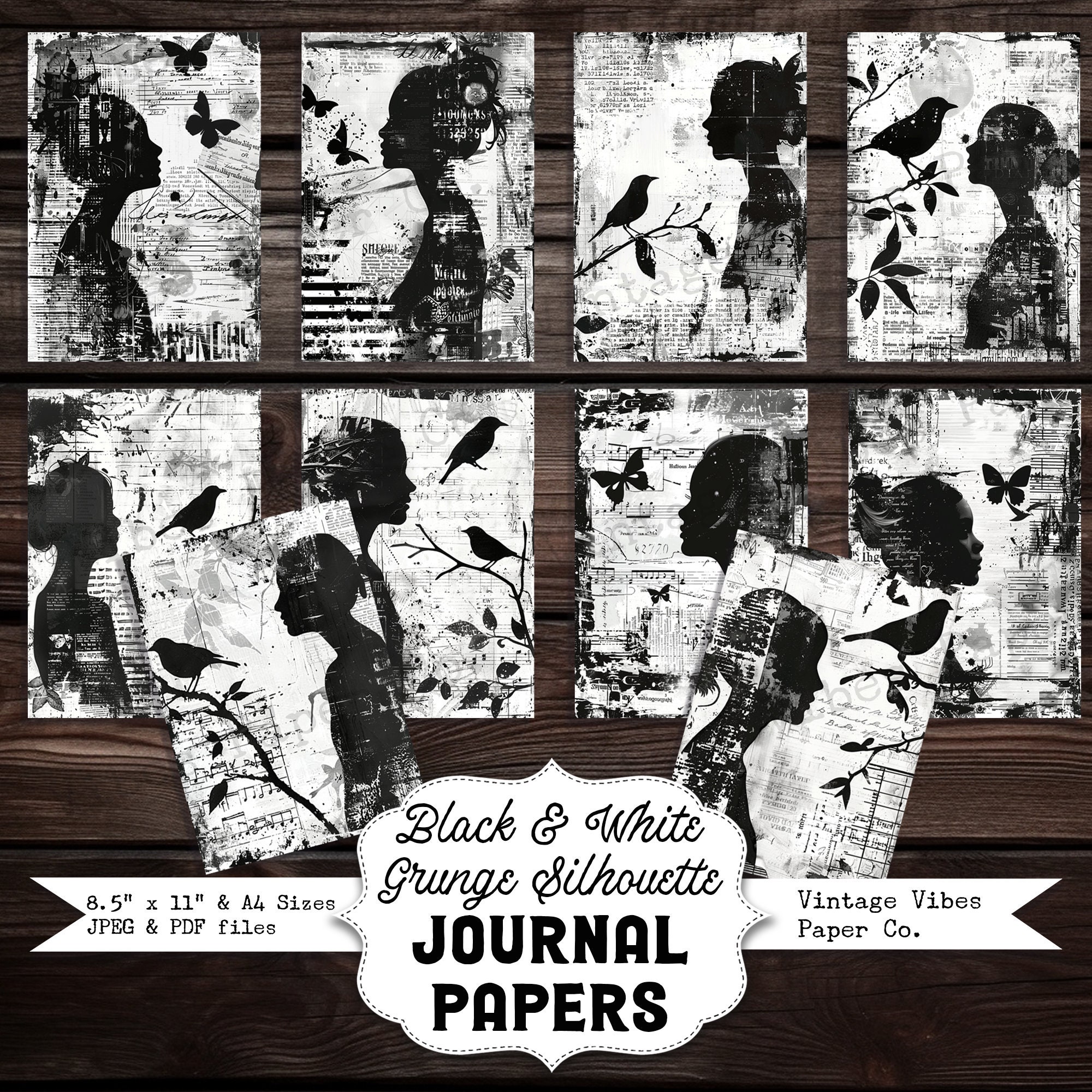 Black & White Ink Saver Grunge Silhouette Junk Journal Printable Papers ...