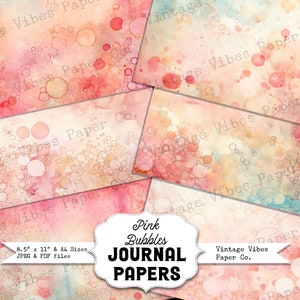 Papéis de diário Pink Bubbles Watercolor Junk, papéis imprimíveis digitais para download instantâneo para scrapbooking, diário e cartões, mídia mista