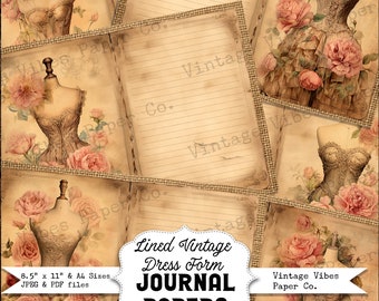 Junk journal page spread Vintage Floral Dress form, Vintage fashion lined neutral junk journal papers, floral digital download papers
