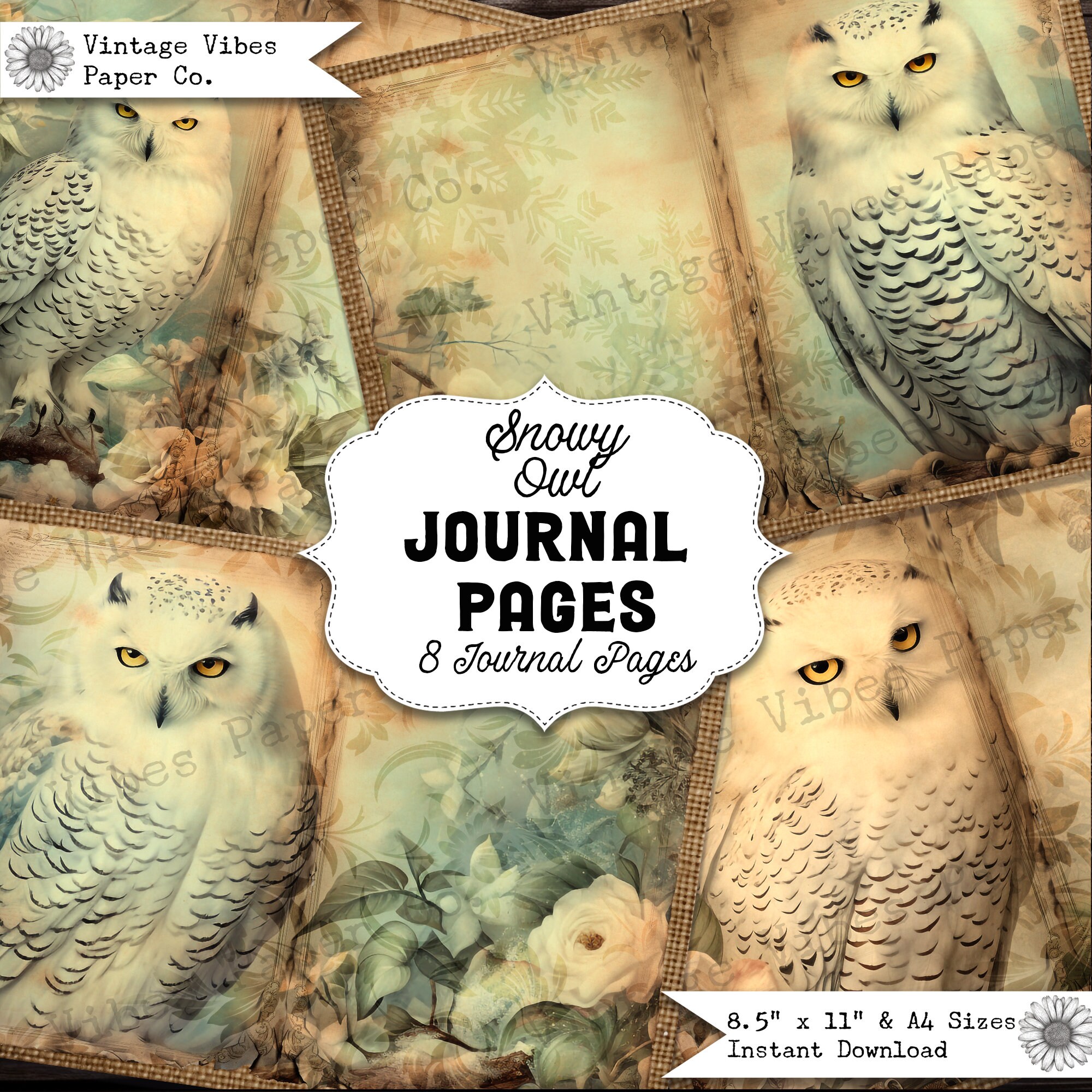 Vintage Junk journal, Christmas snowy owls junk journal pages, animal junk journal printable papers,