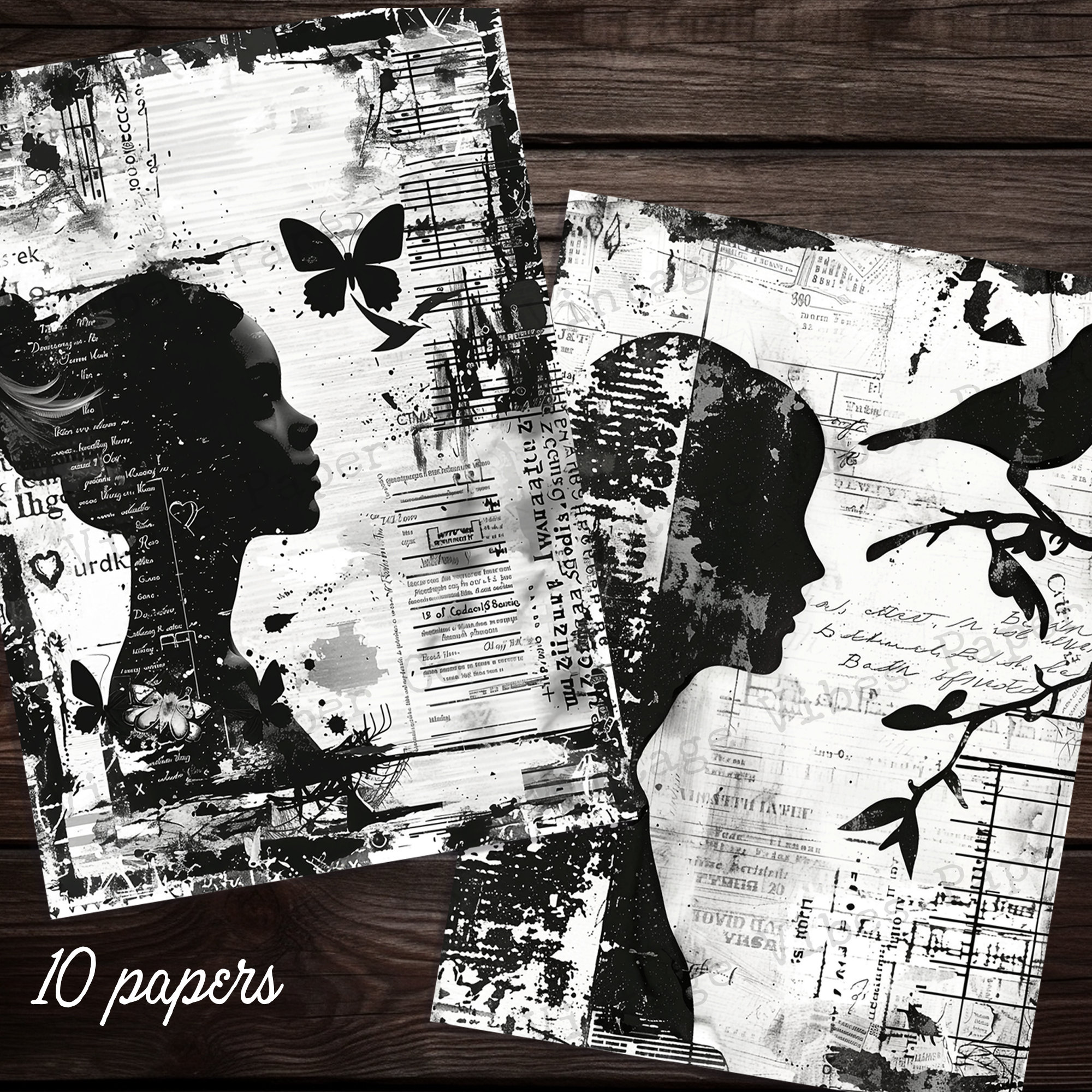 Black & White Ink Saver Grunge Silhouette Junk Journal Printable Papers ...