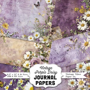 Lila Vintage Gänseblümchen Junk Journal 10 Seiten Kit, 10 Seiten Kit, 10 Seiten Kit, digitale druckbare Papiere zum sofortigen Download