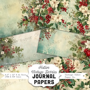 Weihnachten Junk Journal Papiere festliche vintage Beeren, Winter Junk Journal Papier Kit digital bedruckbare Weihnachtspapiere, rote & grüne Seiten