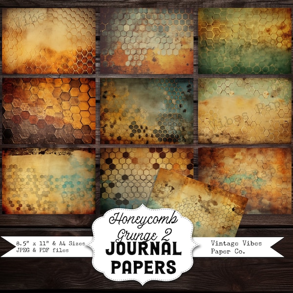 honeycomb Grunge 2 Junk journal digital papers, hexagon textured bee themed background papers for scrapbooking, card making, collage & more