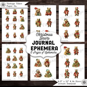 Christmas bear fussy cuts for junk journals, cute festive vintage Victorian bears, digital printable animal ephemera for winter junk journal