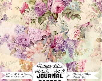 Vintage lilac & pink florals junk journal papers, shabby chic printable paper perfect for scrapbooking and junk journals, flower print paper