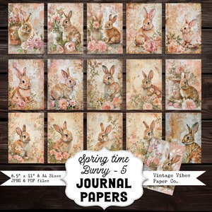 Spring Easter Bunny junk journal paper pack, Instant download printable digital scrapbook papers, Vintage shabby chic style floral bunny