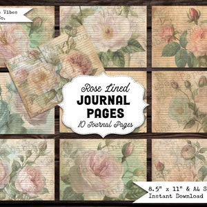 Lined junk journal pages, Shabby Roses junk journal digital paper kit, vintage junk journal pink rose romantic junk journal printable paper