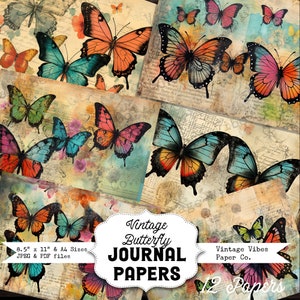 Junk journal mixed media vintage junk journal papers, digital printable butterfly paper pack junk journal kit, colourful insect papers