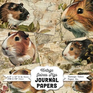 Album stampabili con diario spazzatura Vintage Guinea Pigs, kit per diario digitale della spazzatura, carte a tema floreale autunnale per animali domestici ideali per diario degli animali