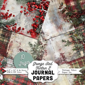 Papeles de diario basura navideños Grunge Berries & Red tartán 2, kit de papel de diario basura de invierno, papeles navideños imprimibles digitales, tema rojo