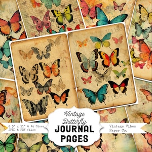 Pagina del diario spazzatura vintage a farfalla, sfondo grunge bellissime carte digitali con fantasia a farfalla astratta, effimera per diario spazzatura