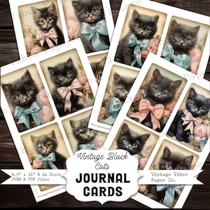 Cartões de diário de lixo para gatinhos vintage, gatos pretos e arcos imprimíveis, coisas efêmeras para impressão, diário de lixo estilo vintage, impressões digitais