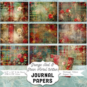 Papeles de revista basura floral grungy, papeles grunge florales de tartán rojo y verde grunge para revistas basura, álbumes de recortes y fabricación de tarjetas