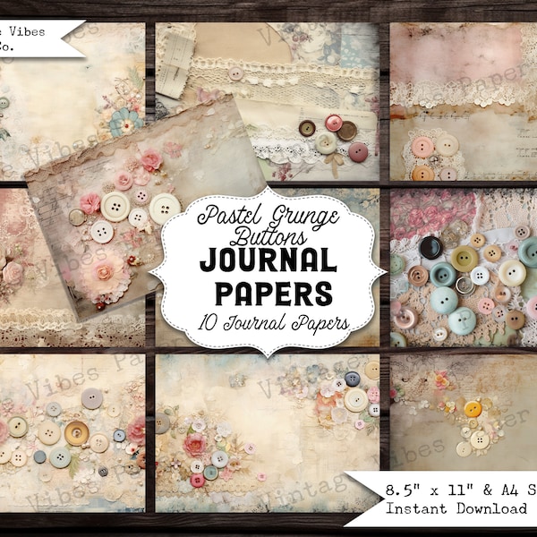 Junk Journal Papers Rustic Grunge sewing, vintage style collection of printable grungy digital paper, pastel lace & button vintage sewing