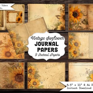 Junk journal papers Sunflowers, junk journalling vintage sunflowers digital papers, junk journal kit, junk journal pages, floral journal
