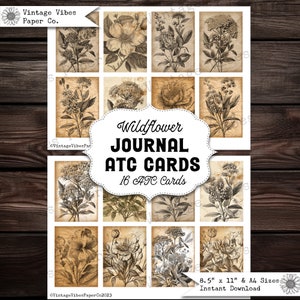 Junk Journal Vintage Wildfower ATC cards,  printable junk journal floral ephemera, nature botanical junk journal kit, 16 ATC journal cards