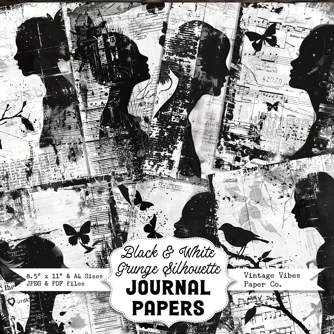 Black & White Ink Saver Grunge Silhouette Junk Journal Printable Papers ...