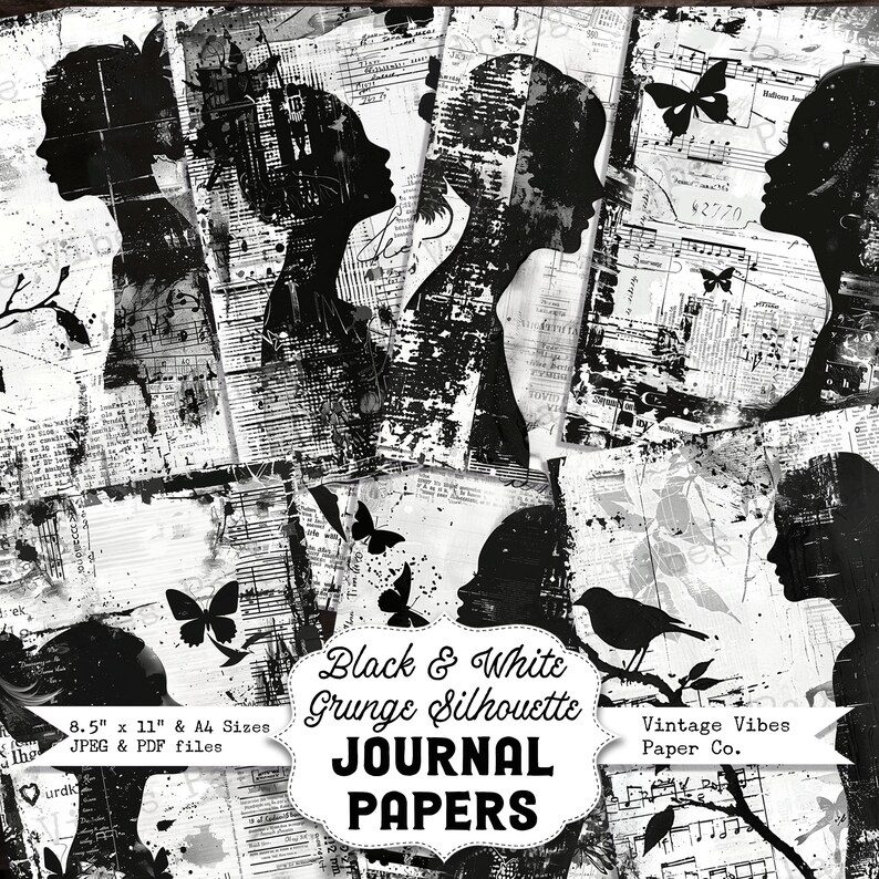 Black & White Ink Saver Grunge Silhouette Junk Journal Printable Papers ...
