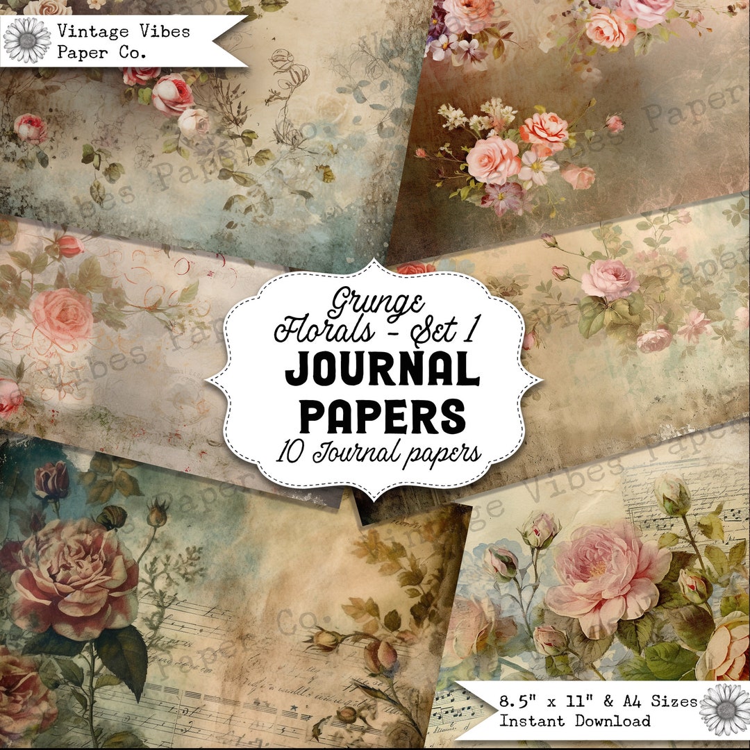 Grunge Vintage Floral Junk Journal Papers, Digital Printable Scrapbook ...