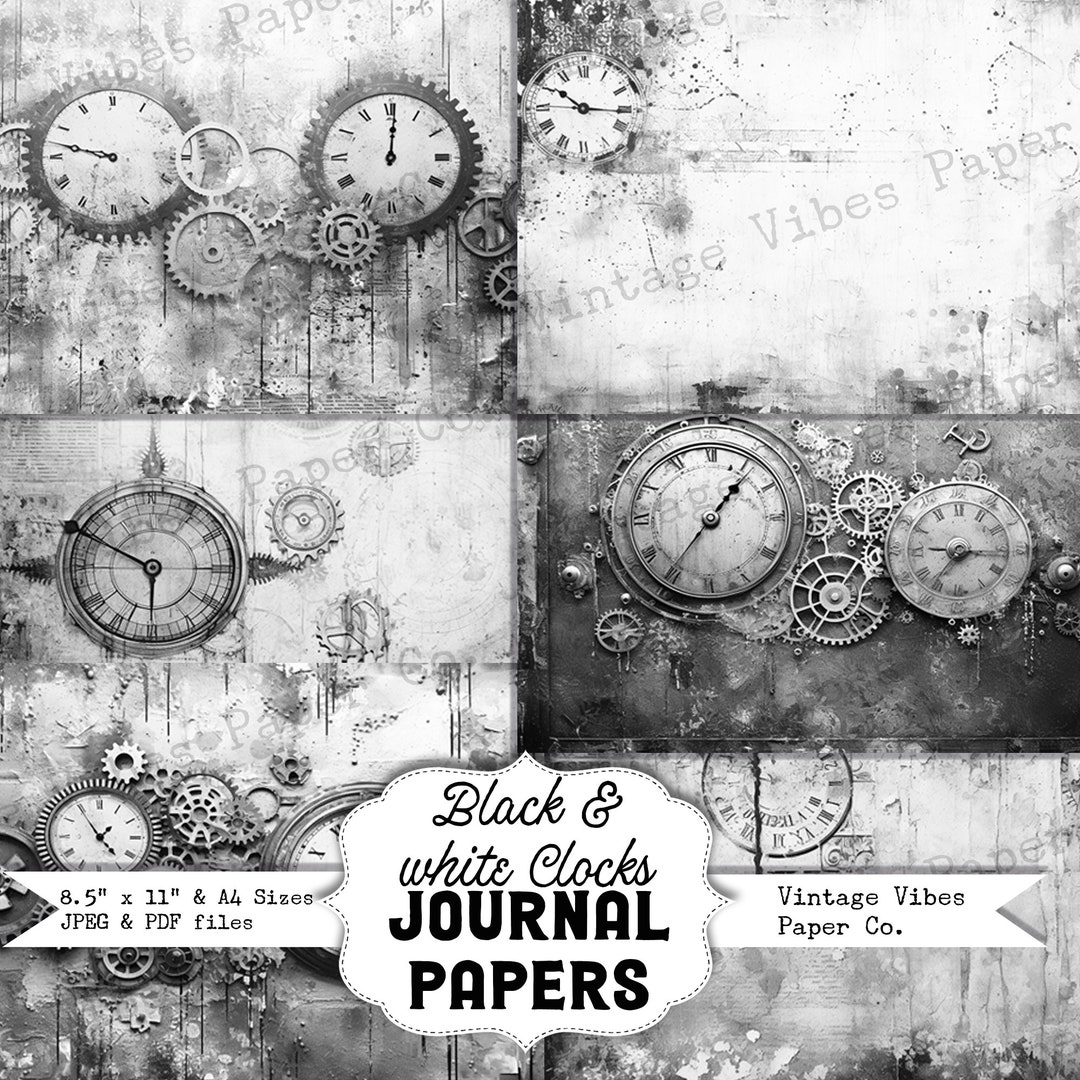 Black & White Steampunk Grunge Clock Junk Journal Printable Papers, Ink ...
