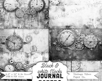 Schwarz-weiße Steampunk-Grunge-Uhr-Junk-Journal-Papiere zum Ausdrucken, Tintensparseiten, monotone Grunge-Collage-Hintergrundpapiere, Scrapbooking