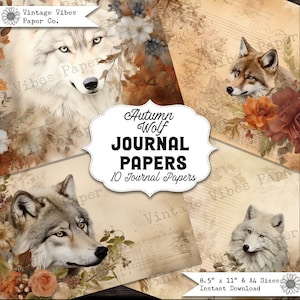 Autumn wolf junk journal papers, fall themed wolves digital printable paper pack for Autumn themed junk journals and craft projects