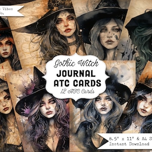 Gothic Hexe Junk Journal ATC Karte, gothic Ephemera Sofort Download druckbare Junk Journal Seiten, Halloween Junk Journal Karten 12 ATC Karten