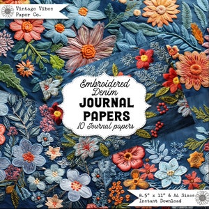 Junk journal papers embroidered denim, fabric themed textured collage pages for junk journaling & mixed media collage digital paper, tags