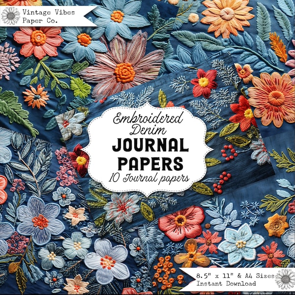 Junk journal papers embroidered denim, fabric themed textured collage pages for junk journalling & mixed media collage digital paper, tags