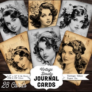 kit de cartes de journal indésirable beauté vintage, dames vintage noir et blanc et sépia carte journal indésirable éphémères, 28 décorations de carte, journal indésirable numérique