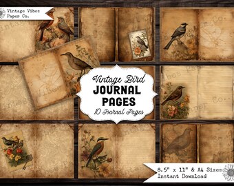 Birds Junk Journal Kit, Vintage bird journal pages, printable collage sheets, digital junk journal spring birds, floral bird junk journal
