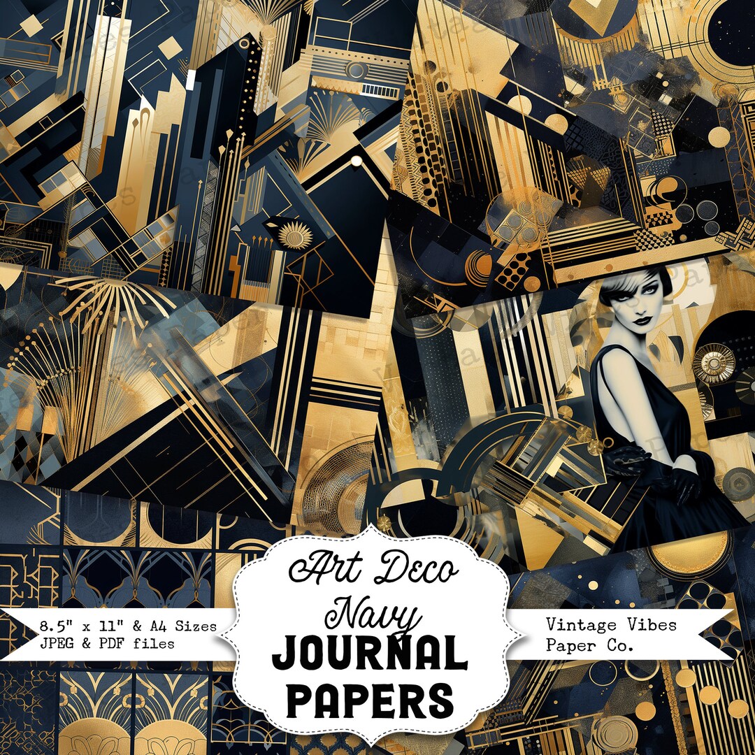 Vintage Navy & Gold Art Deco Style Junk Journal Digital Papers, 1920's ...