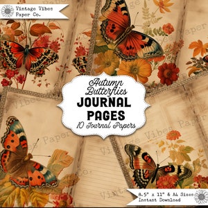 La pagina del diario spazzatura diffonde Farfalla autunnale, 10 carte per diario spazzatura digitale, pagine di album autunnali stampabili con farfalle floreali vintage