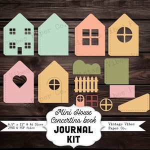 Junk journal Mini House concertina book template, SVG for cricut template, printable PDF Junk journal project, shaped junk journal kit