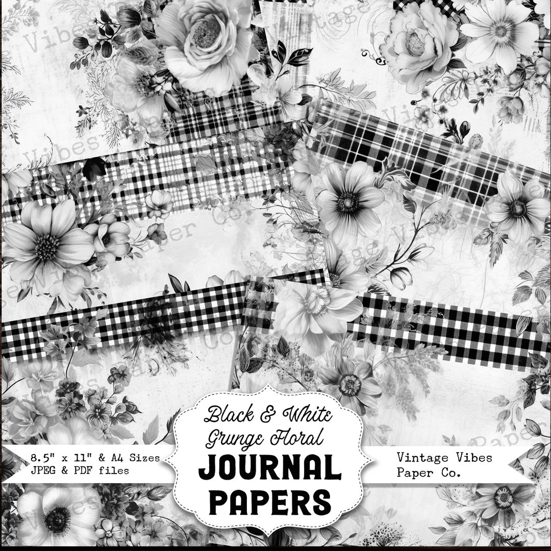 Black & White Grunge Floral Junk Journal Papers, Ink Saver Papers ...