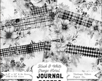 Black & White grunge floral junk journal papers, ink saver papers monochrome flower plaid papers for scrapbooking and junk journals