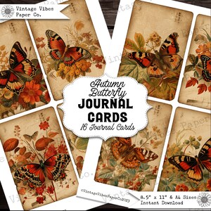 Tarjetas de diario basura de mariposa de otoño vintage, 16 tarjetas de diario digital imprimibles ideales para diario basura de otoño, efímera de mariposa antigua