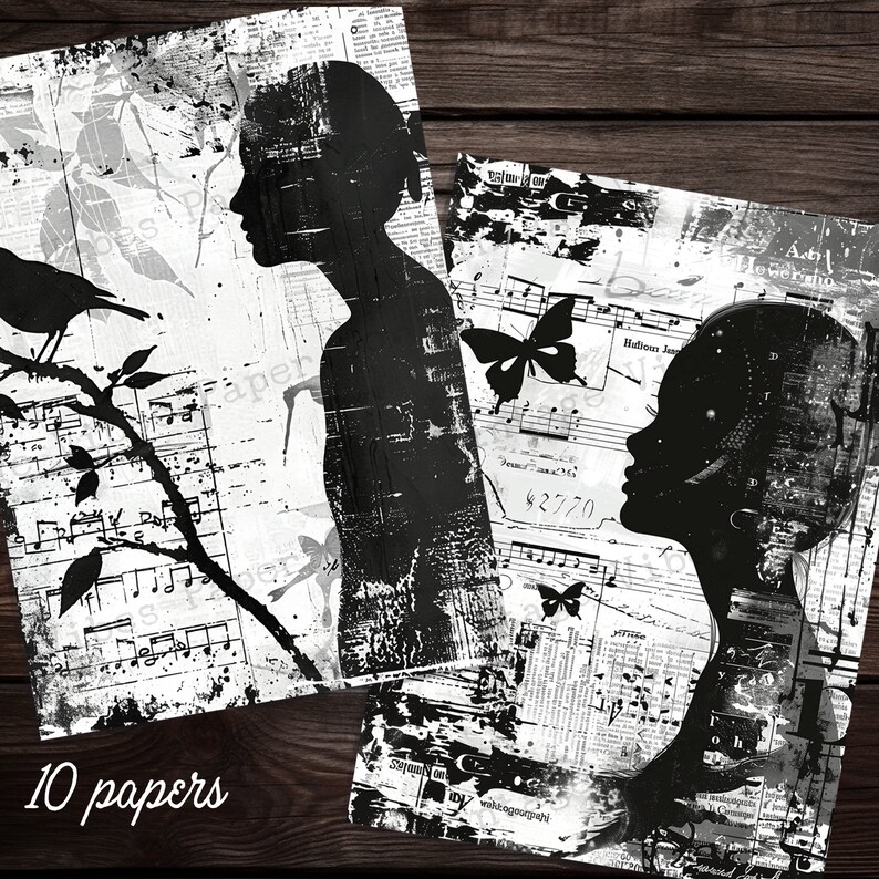 Black & White Ink Saver Grunge Silhouette Junk Journal Printable Papers ...