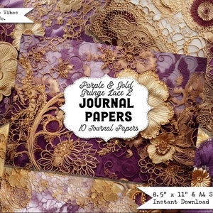 Papéis de diário de lixo vintage de renda roxa e dourada, papéis imprimíveis de download instantâneo digital, papéis de fundo de renda vintage para diários de lixo